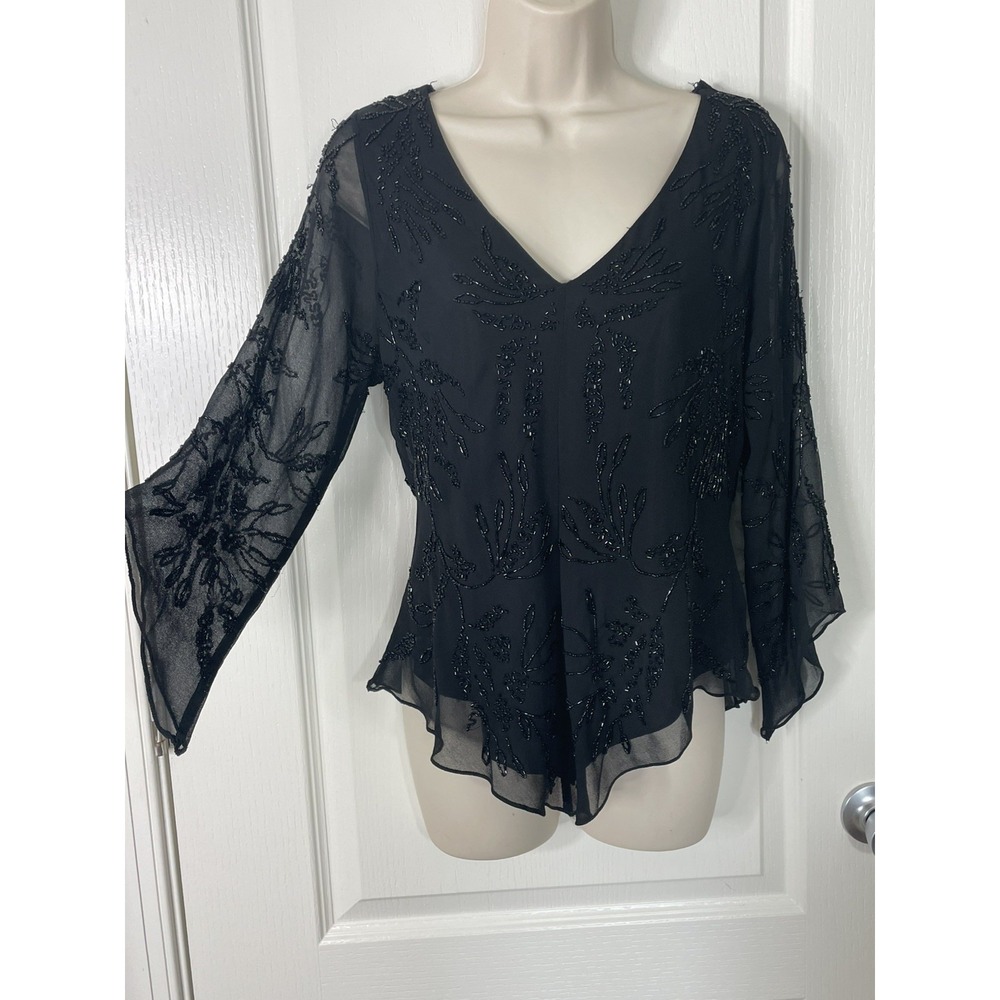 Dress Barn Whimsigoth Black Beaded Sheer Overlay Top Large V-Neck Floral Blouse
